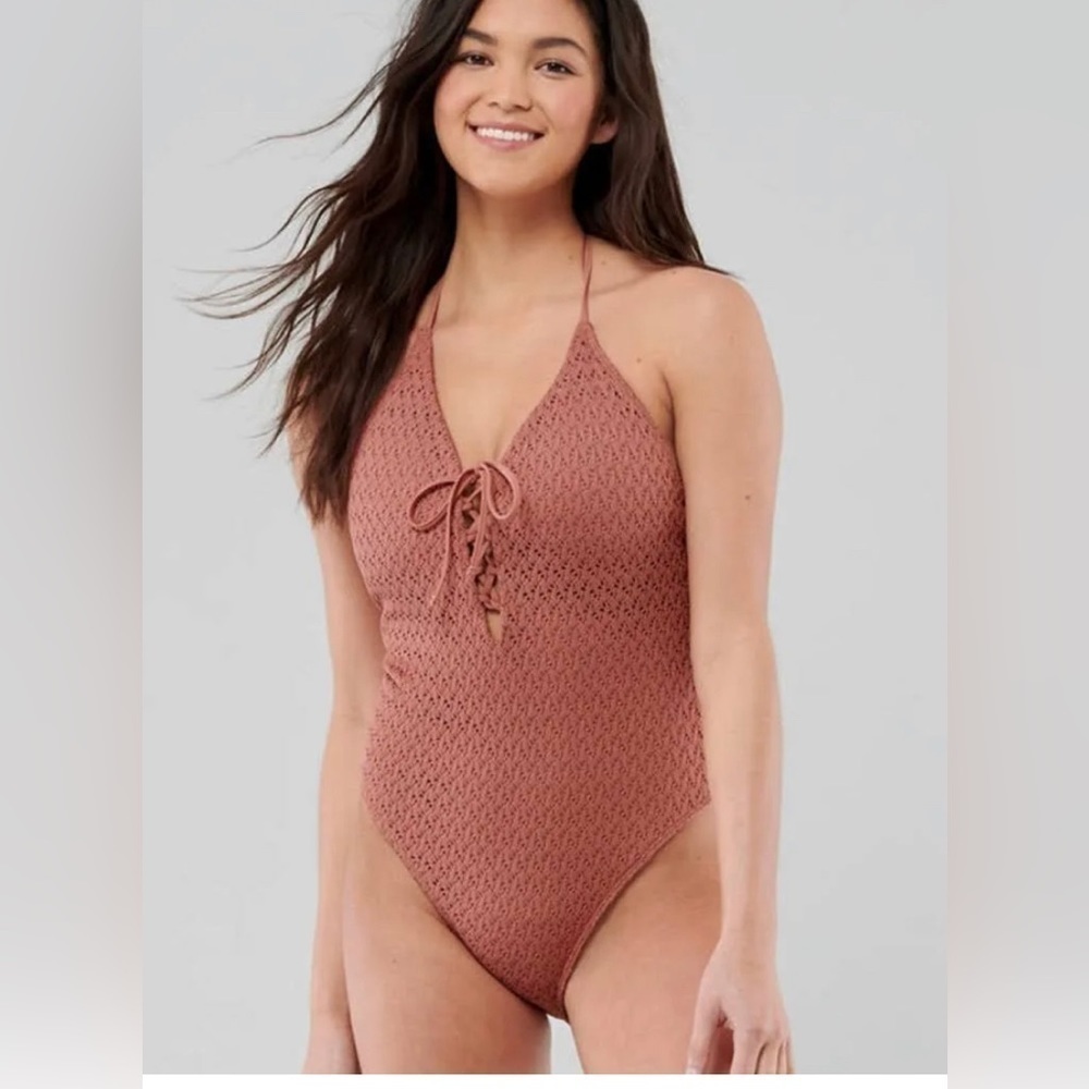 Hollister Mauve Lace-Up One-Piece Swimsuit